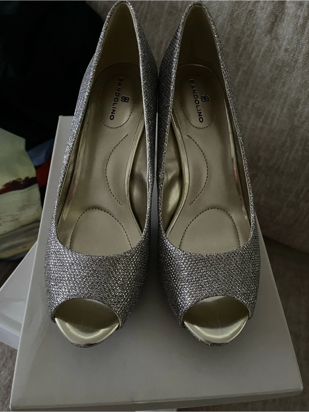 Bandolino Glitter Peep-Toe Heels in Shimmering Silver